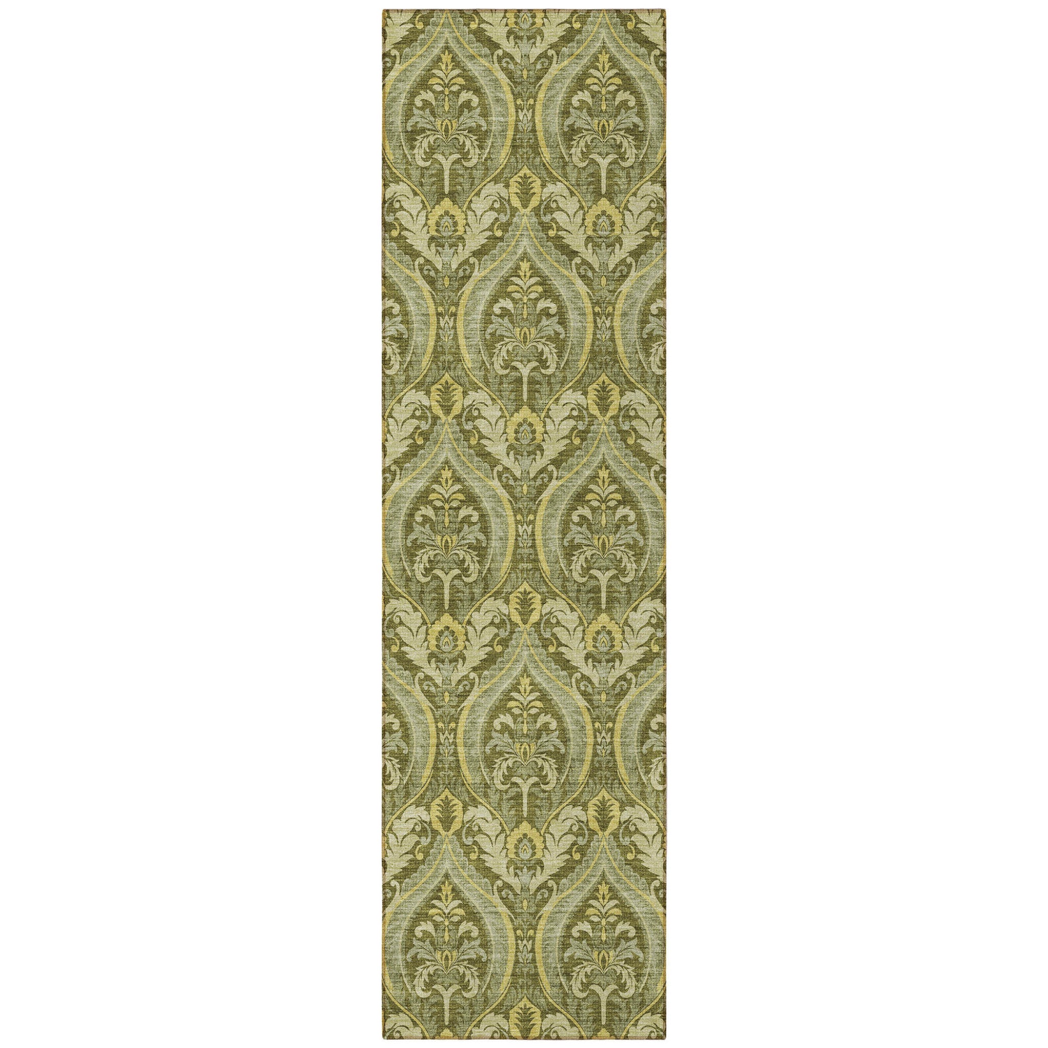 Stylish Washable and Stain - Resistant Non - Skid Damask Design Indoor Outdoor Runner Rug Measuring 27 Inches by 90 Inches