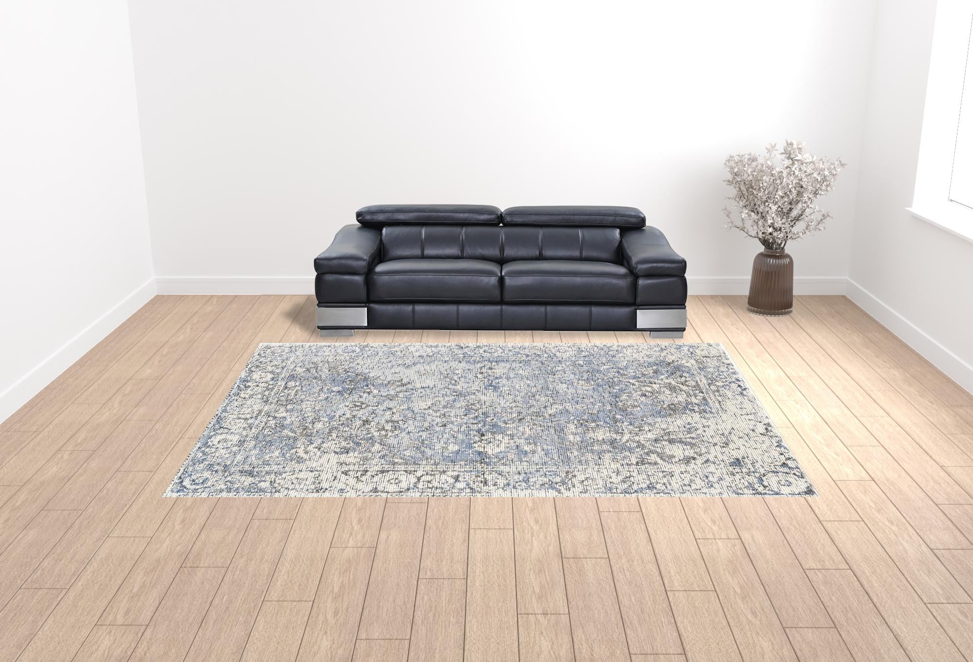 Exquisite Hand-Woven Area Rug with Unique Blue, Ivory and Gray Abstract Design for Chic Living Spaces