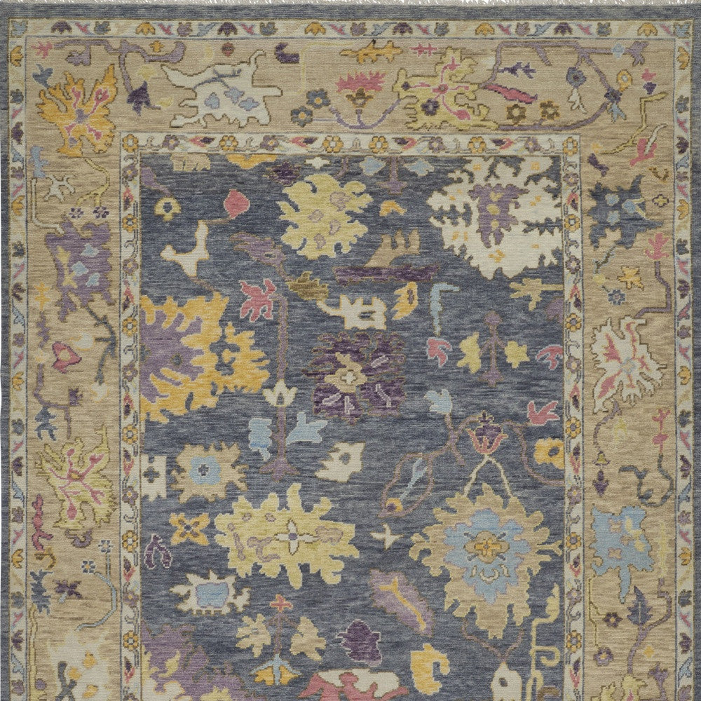 Stain-Resistant Hand-Knotted Oriental Area Rug in Vibrant Gold, Blue & Purple