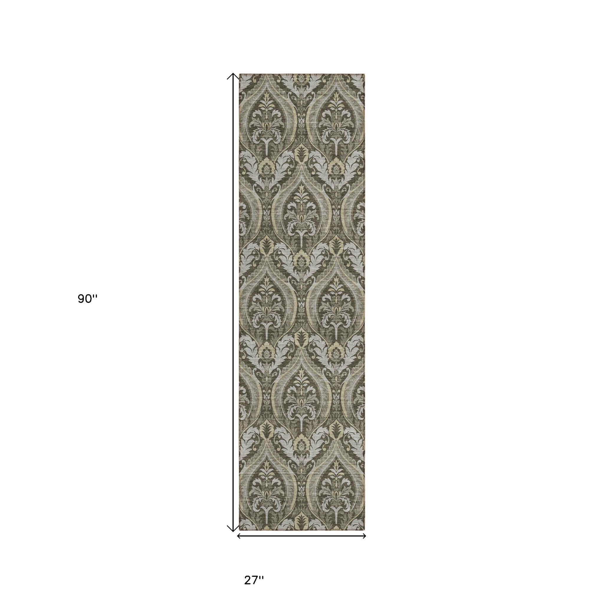Stylish Washable and Stain - Resistant Non - Skid Damask Design Indoor Outdoor Runner Rug Measuring 27 Inches by 90 Inches
