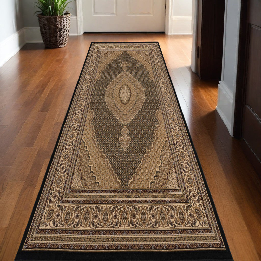 Stylish Power Loom Runner Rug with Elegant Beige and Black Medallion Design for Sophisticated and Refined Spaces