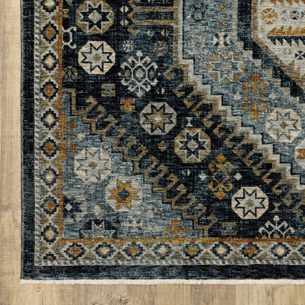 Stain-Resistant Blue, Gold, Ivory & Navy Oriental Runner Rug with Tassel Ends