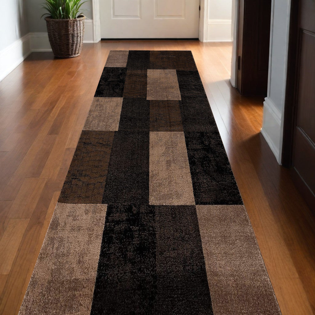 Stylish and Comfortable Elegant Brown Checkered Power Loom Runner Rug for Enhancing Your Home Decor