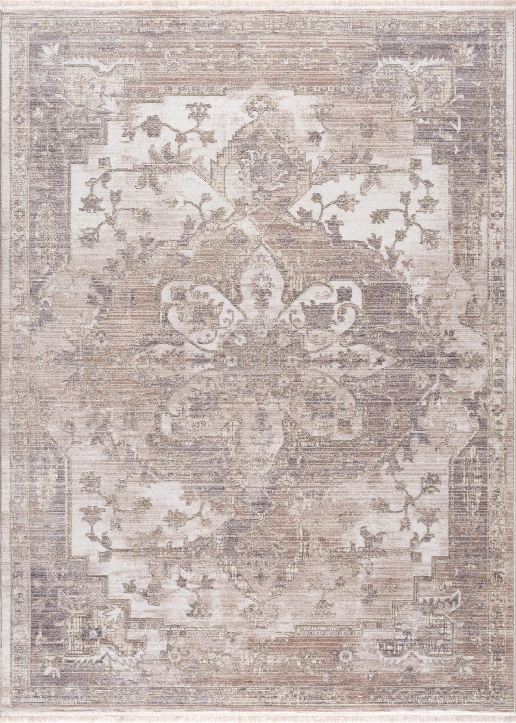 Stylish Power Loom Beige and Ivory Medallion Runner Rug for Home Decor