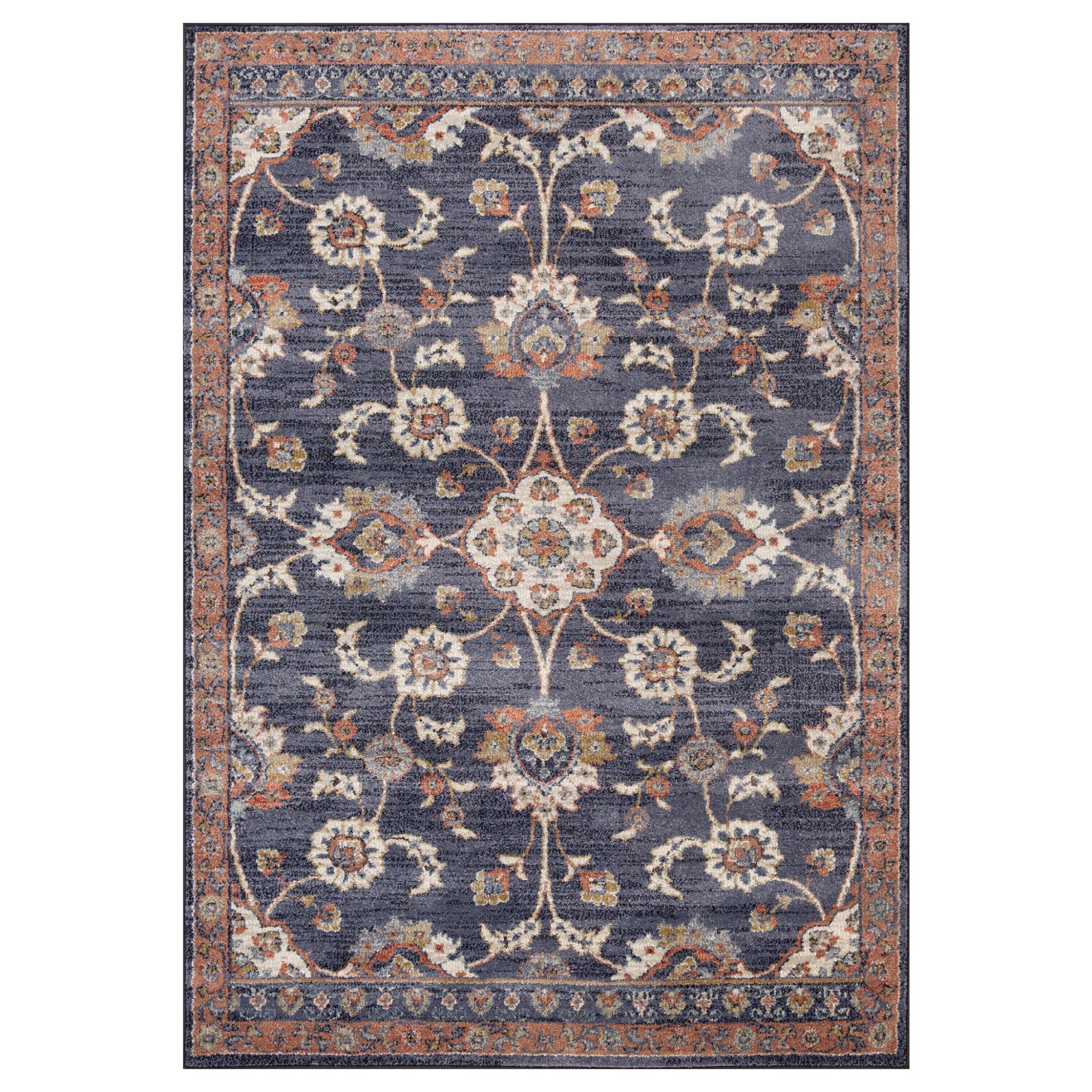 Stain-Resistant Elegant Floral Power Loom Area Rug in Ivory, Navy, Blue & Brown Design Ideal for Homes with Kids and Pets