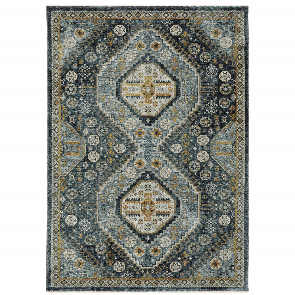 Stain-Resistant Blue, Gold, Ivory & Navy Oriental Runner Rug with Tassel Ends