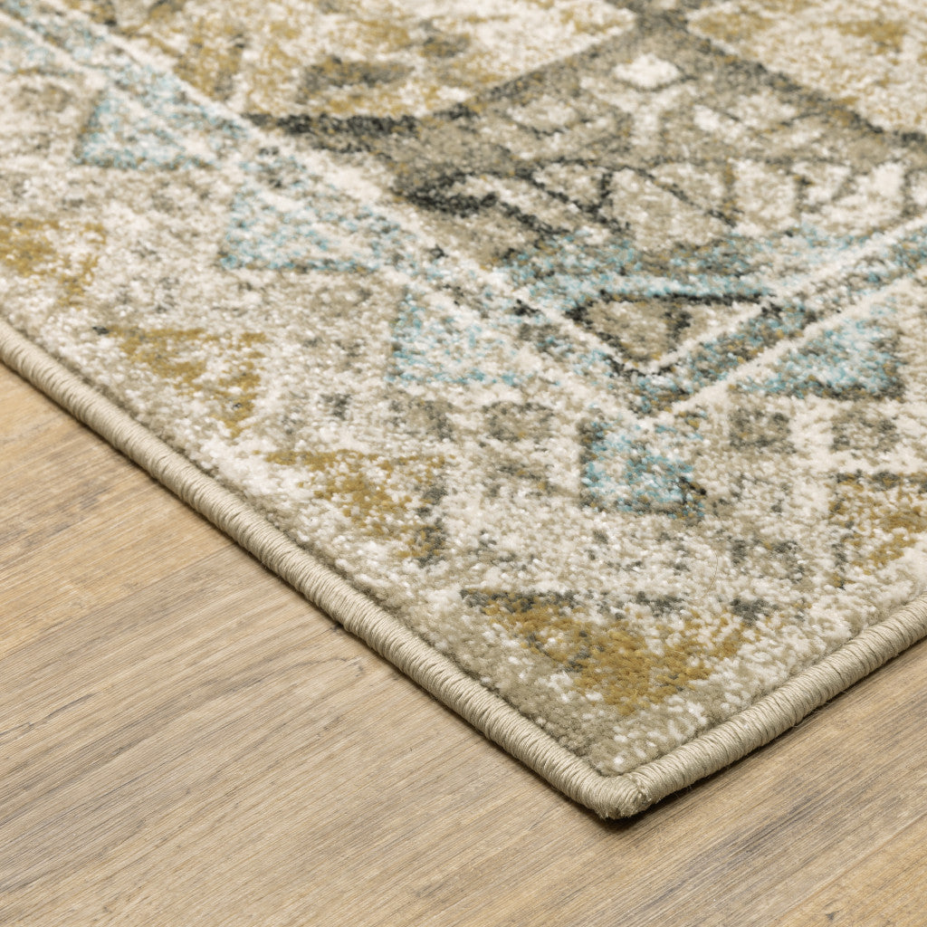 Stain-Resistant Grey, Blue, Beige & Gold Elegant Runner Rug - Ideal for Family Homes