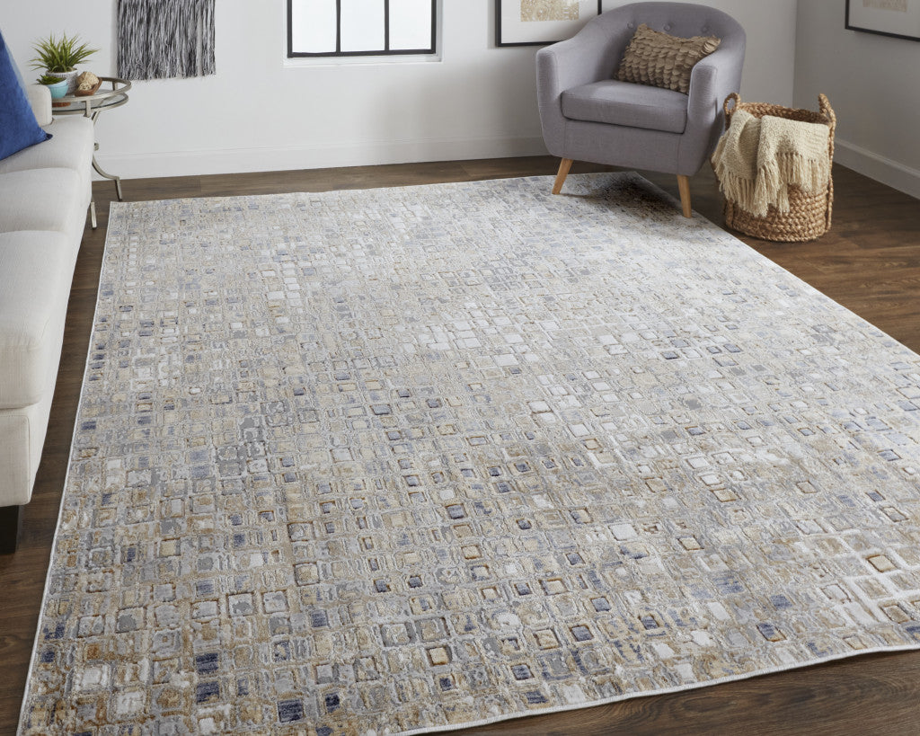 Elegant Tan, Ivory & Blue Distressed Geometric Area Rug for Living Spaces