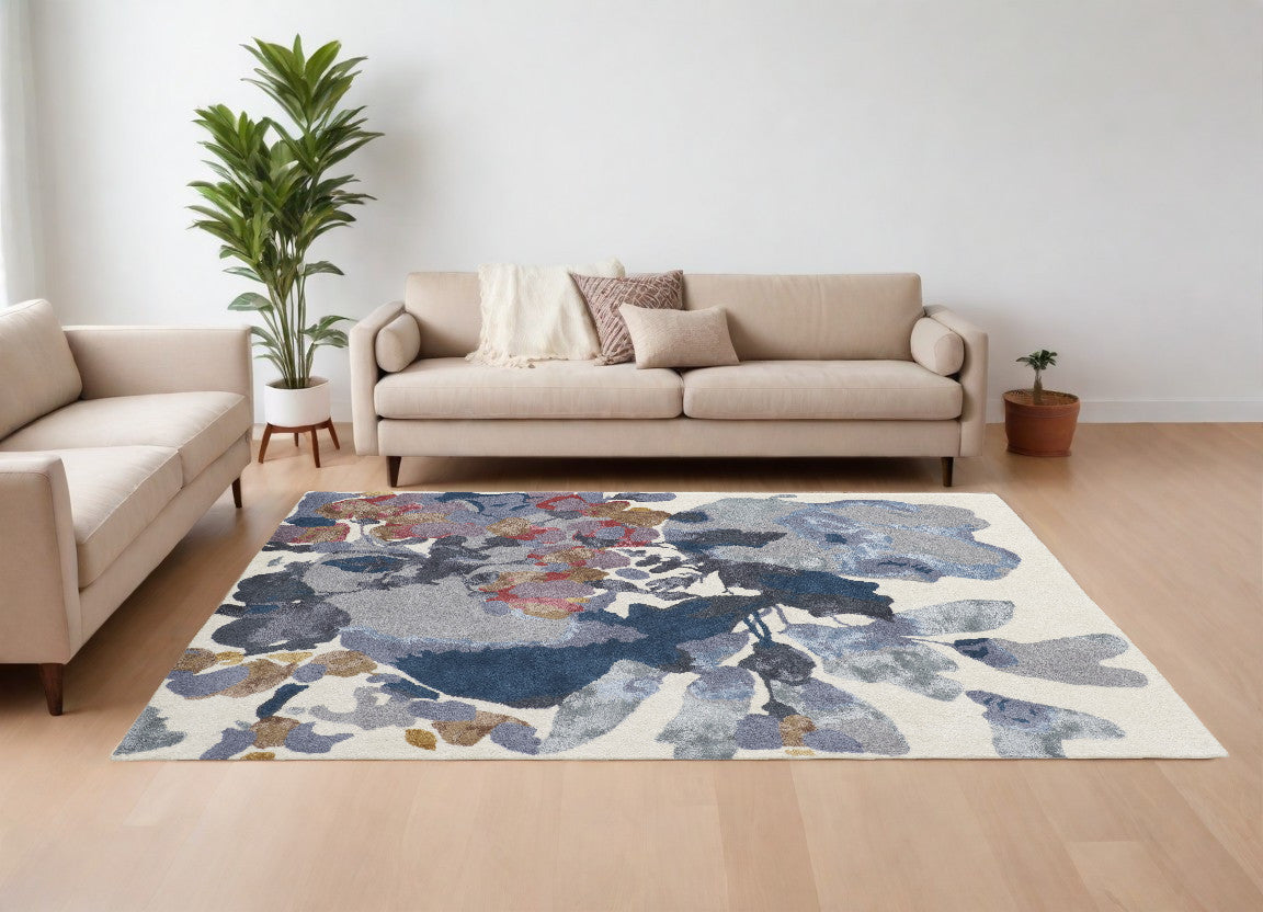 Stylish Blue Gray and Pink Floral Hand-Tufted Wool Area Rug for Comfortable Home Decor