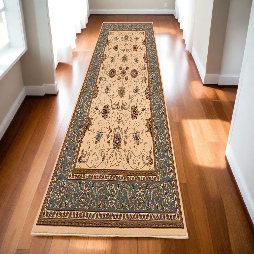 Stylish Blue and Ivory Oriental Power Loom Runner Rug for Warm Home Decor