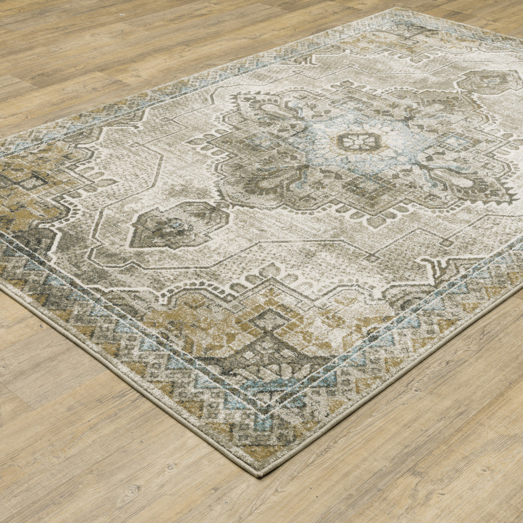 Stain-Resistant Grey, Blue, Beige & Gold Elegant Runner Rug - Ideal for Family Homes