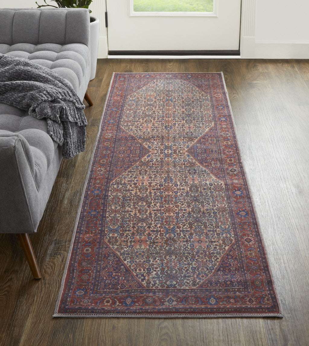 Exquisite Floral Design Power Loom Area Rug in Elegant Red, Tan, and Blue Tones for Chic Living Spaces
