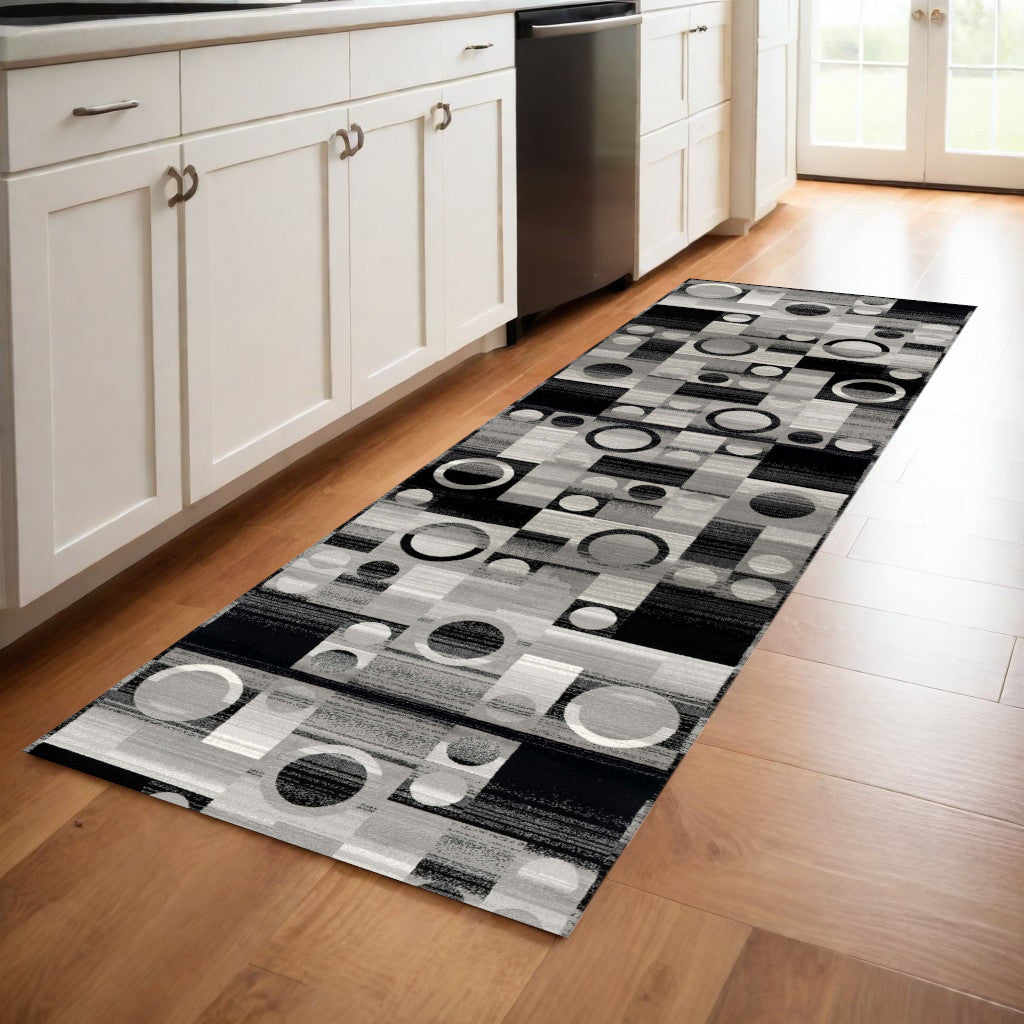 Stain-Resistant Geometric Power Loom Distressed Runner Rug in Black, Gray, and White - 10-Foot Long Stylish Floor Covering