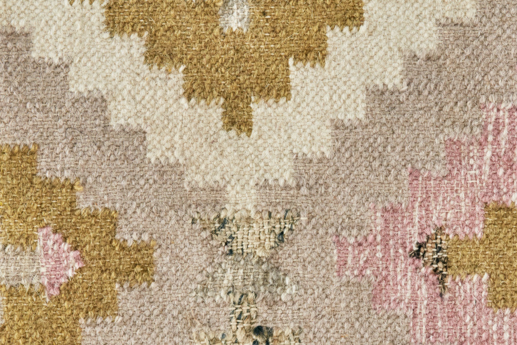Stylish Geometric Handmade Pink, Gold and Taupe Wool Flatweave Area Rug with Fringe for Decorating Interiors