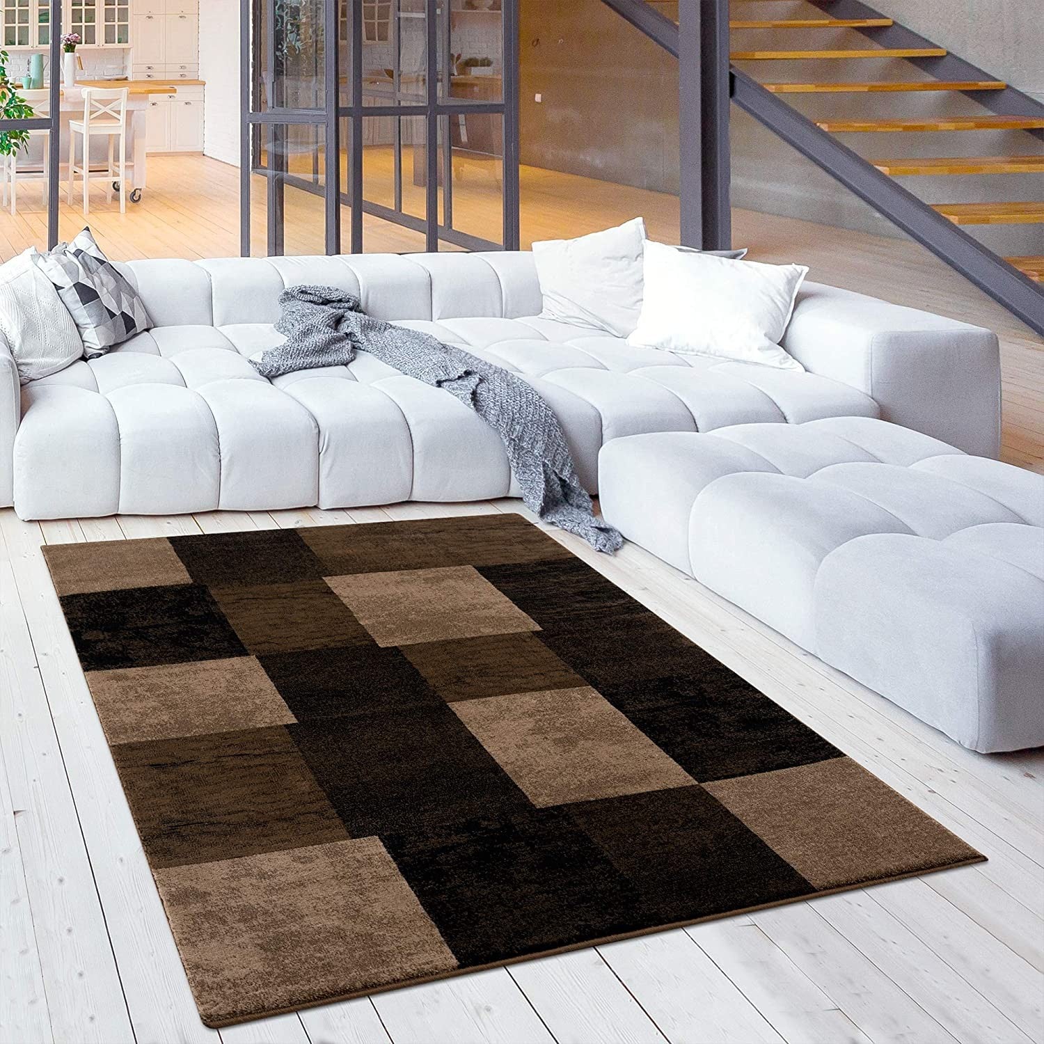 Stylish and Comfortable Elegant Brown Checkered Power Loom Runner Rug for Enhancing Your Home Decor