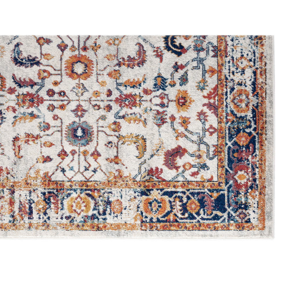 Stain-Resistant Floral Oriental Power Loom Area Rug in Elegant Ivory, Navy and Orange Design for Contemporary Modern Spaces