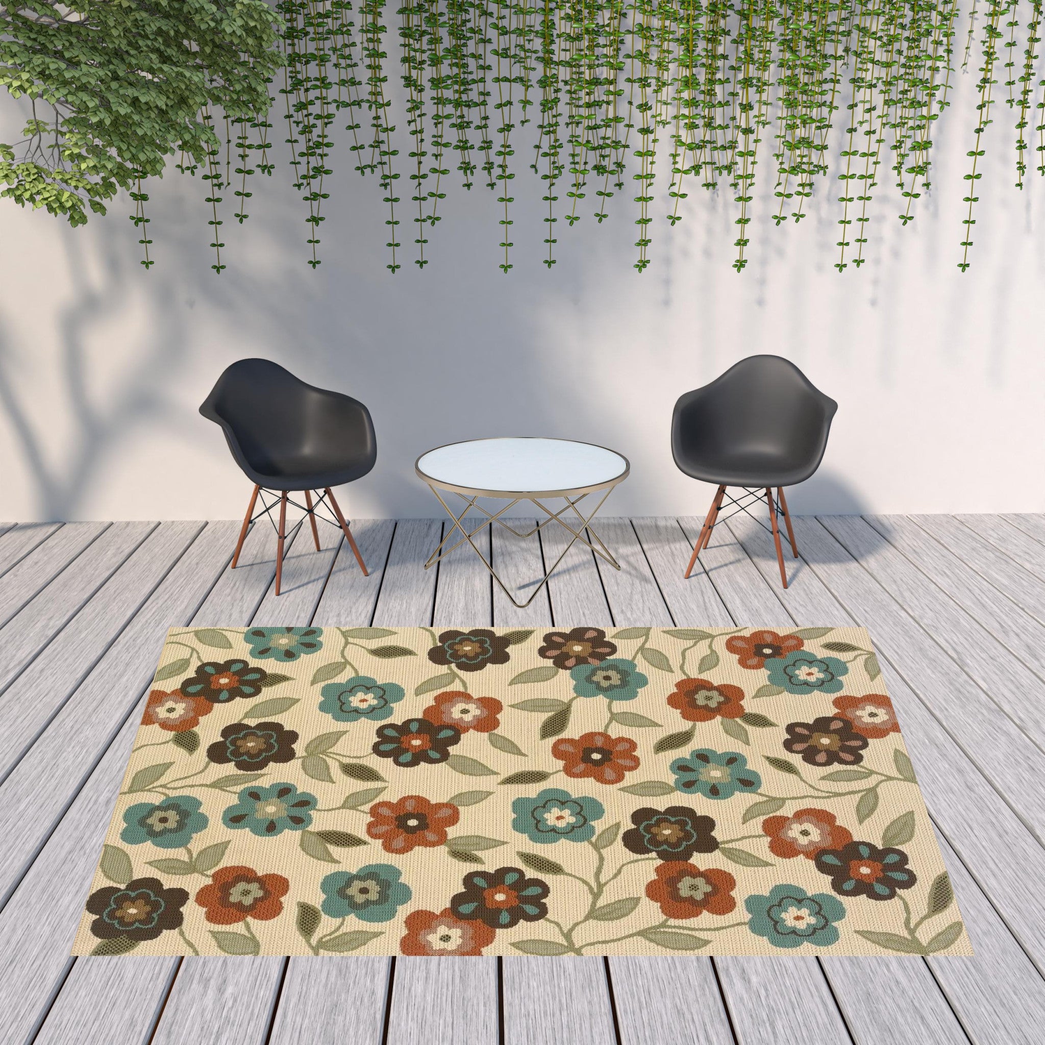 Stylish Brown and Ivory Floral Stain-Resistant Rug for Indoor & Outdoor Use