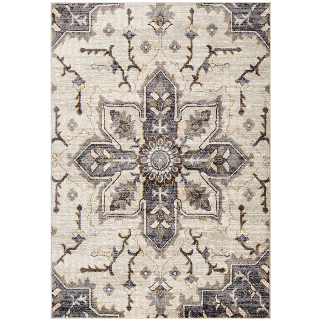 Stain-Resistant Elegant Floral Medallion Area Rug in Ivory, Gray, and Black for Home Decor