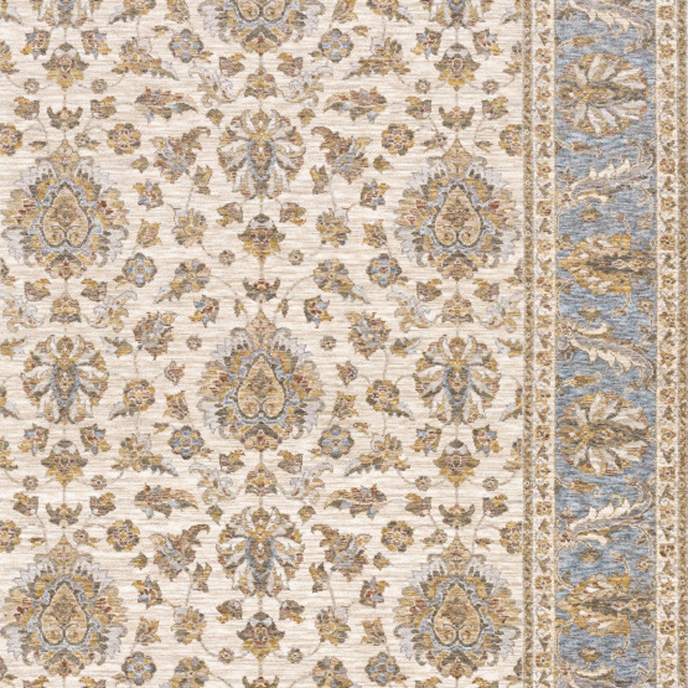Stain-Resistant, Soft Oriental Runner Rug with Fringe - Timeless Ivory and Blue Design