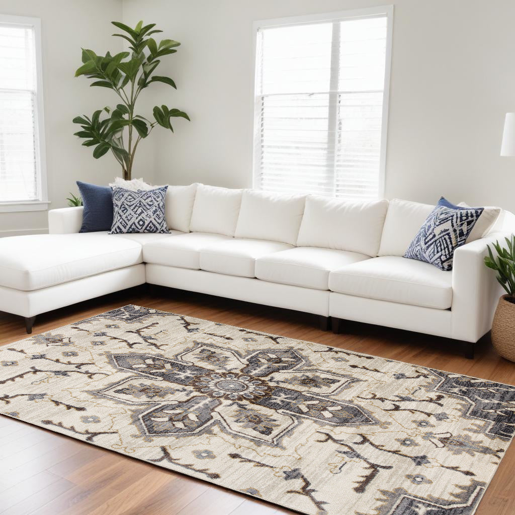 Stain-Resistant Elegant Floral Medallion Area Rug in Ivory, Gray, and Black for Home Decor