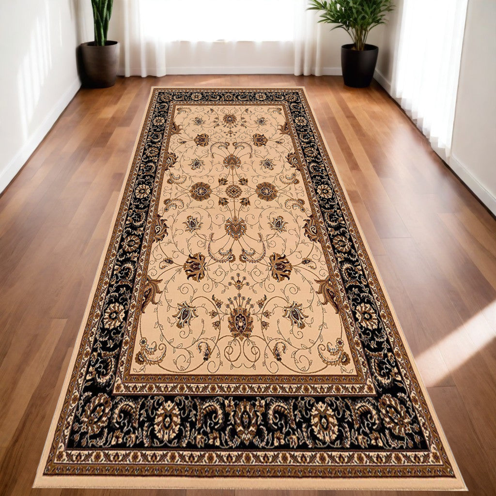 Stylish Black and Ivory Oriental Power Loom Runner Rug for Every Space