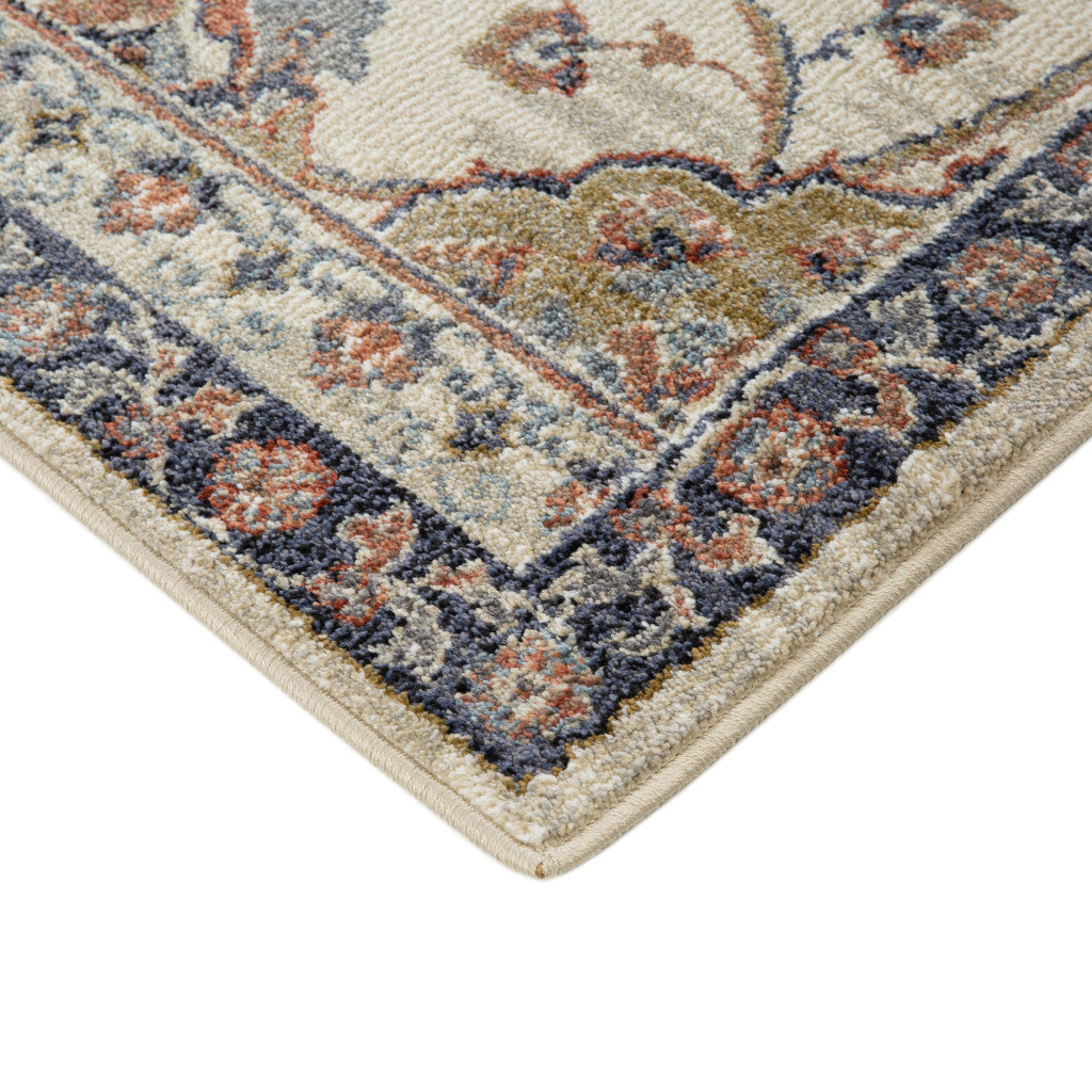 Stain-Resistant Elegant Floral Power Loom Area Rug in Ivory, Navy, Blue & Brown Design Ideal for Homes with Kids and Pets