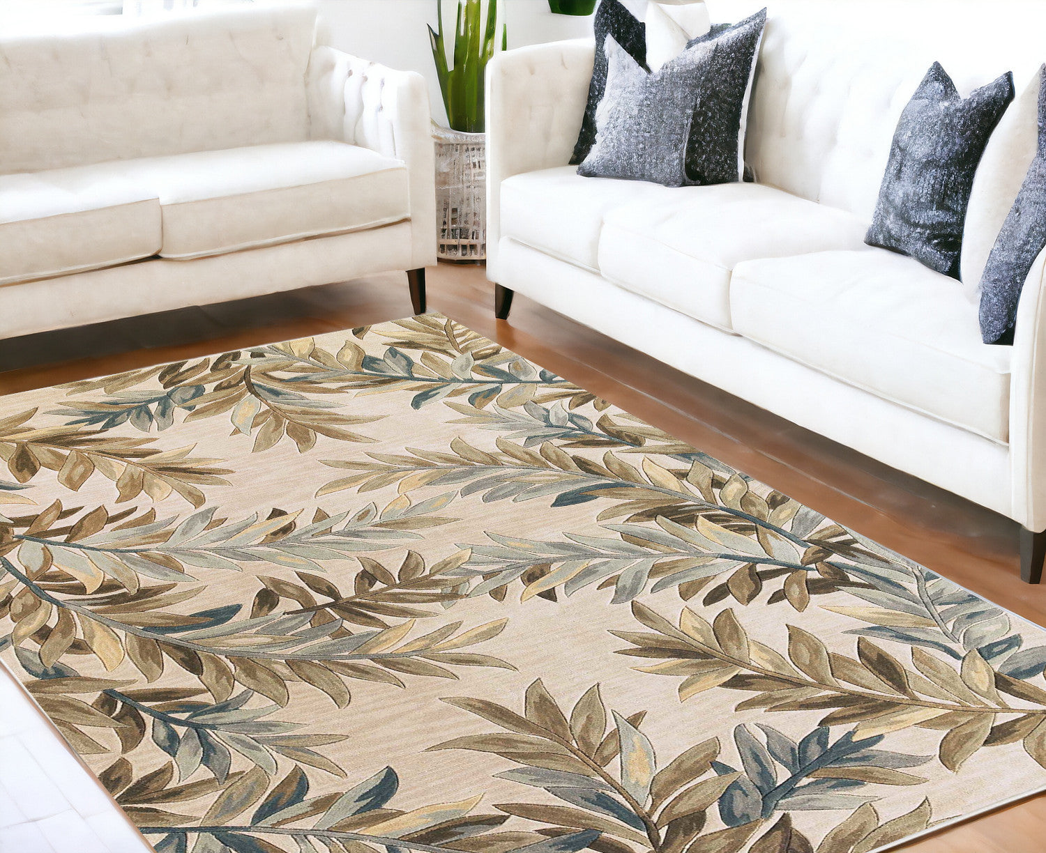 Exquisite Hand - Tufted Wool Area Rug in Elegant Ivory with Modern Tropical Branches and Floral Design