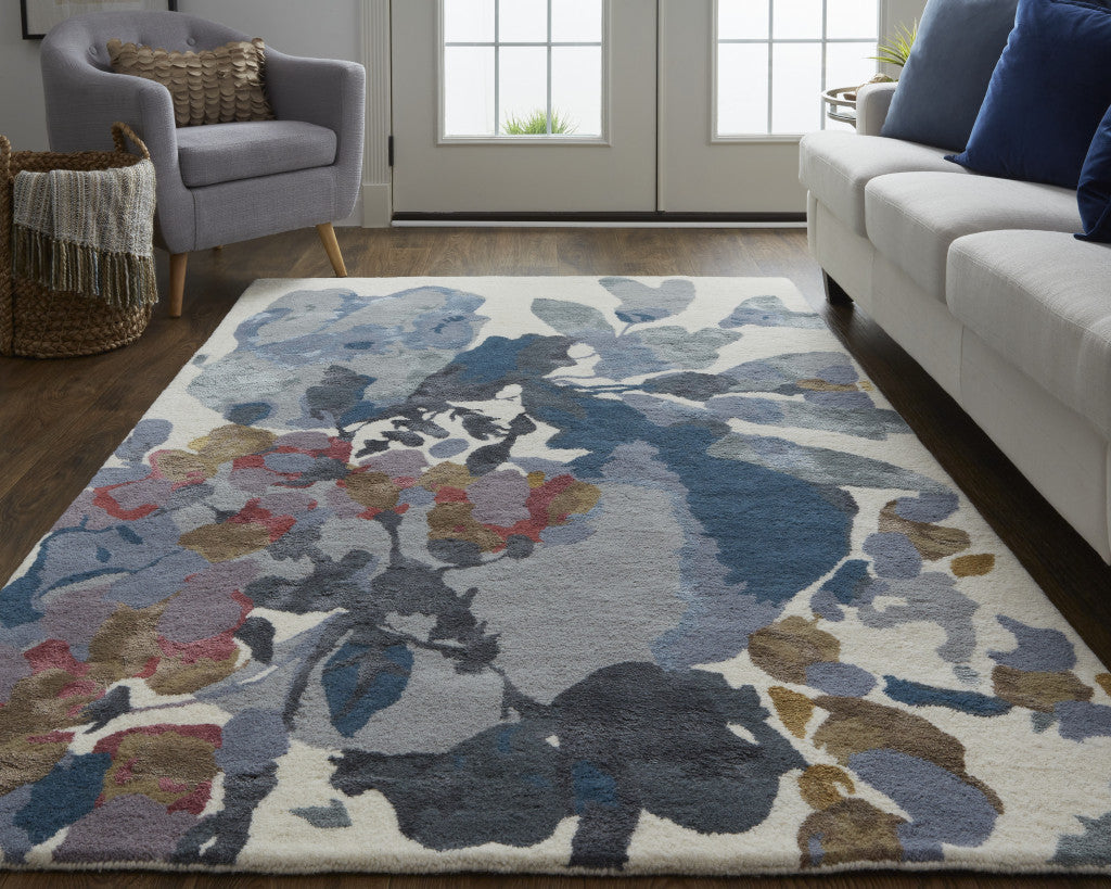 Stylish Blue Gray and Pink Floral Hand-Tufted Wool Area Rug for Comfortable Home Decor