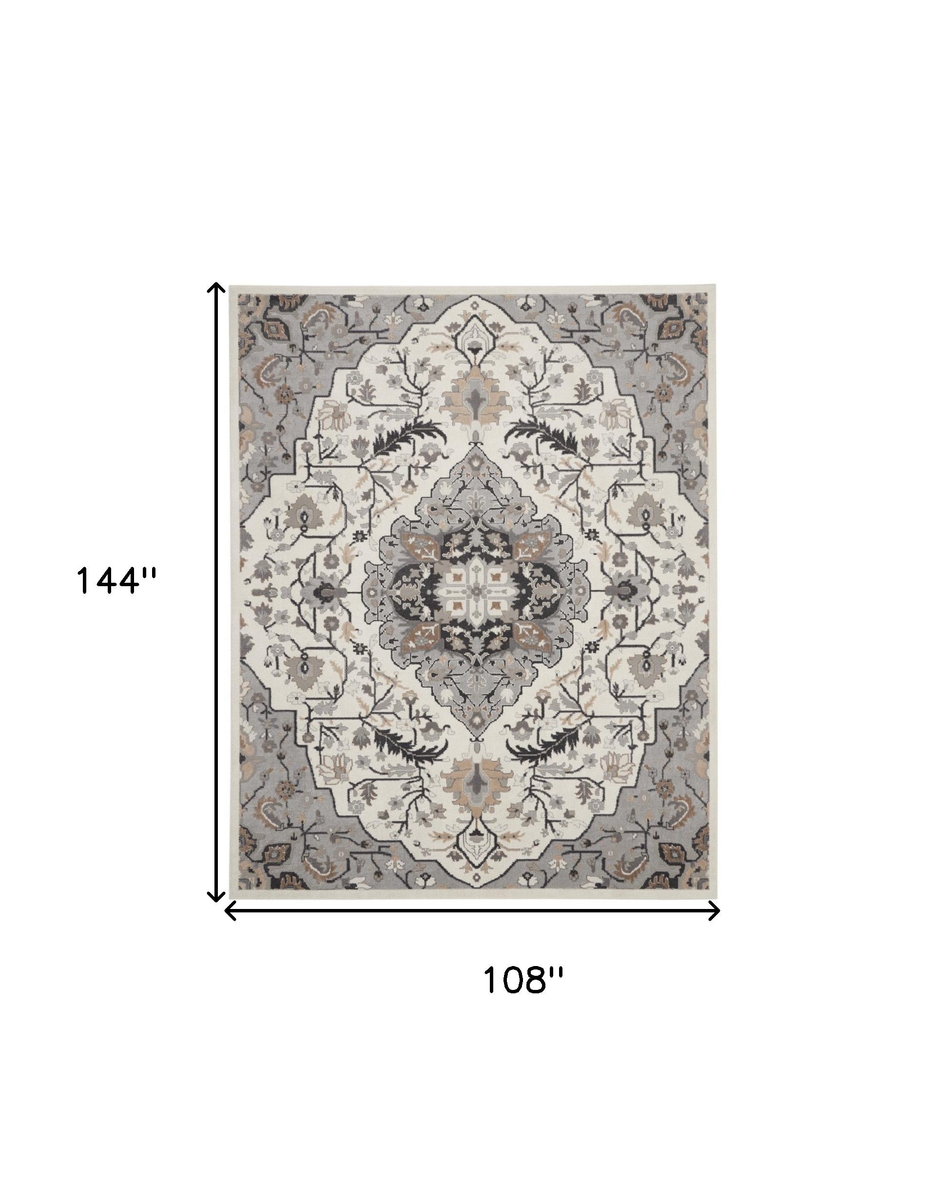 9' x 12' Elegant Ivory, Black & Gray Floral Medallion Non-Slip Area Rug for Room Decor