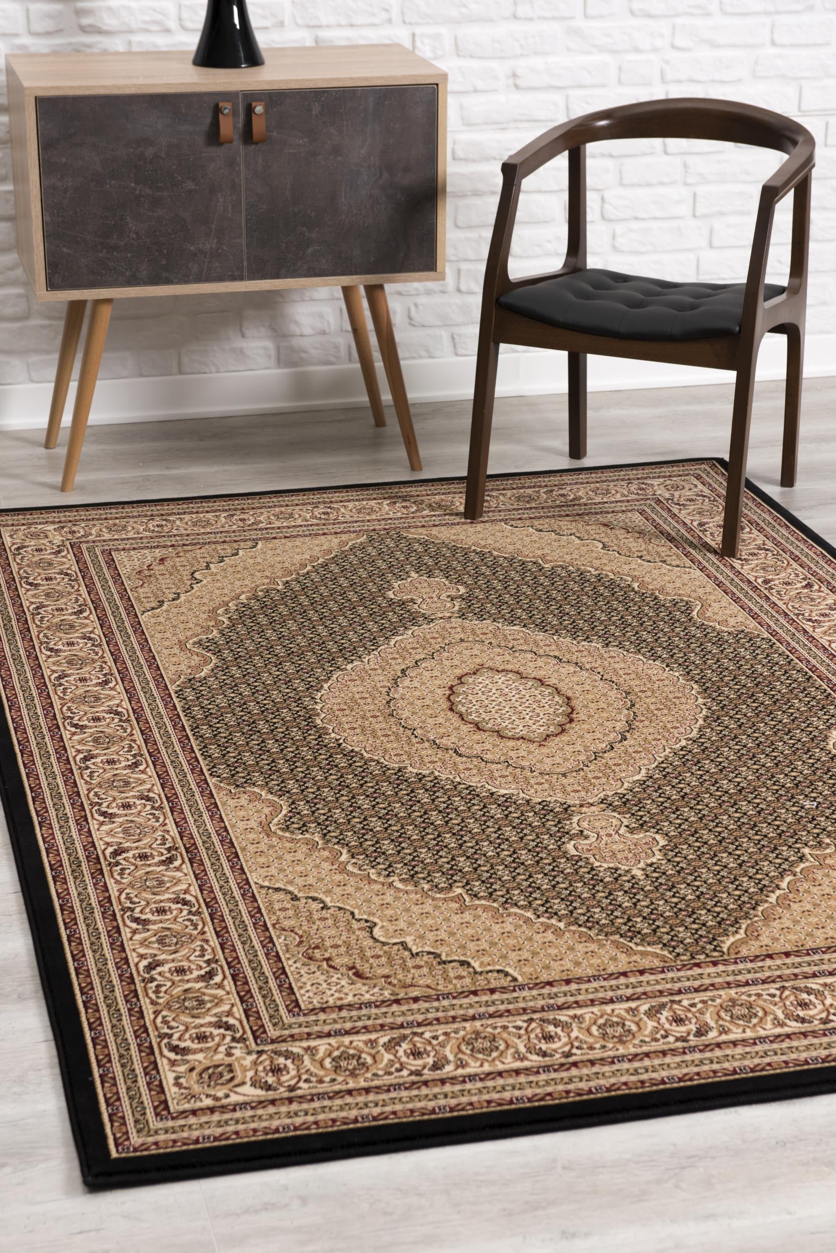 Stylish Power Loom Runner Rug with Elegant Beige and Black Medallion Design for Sophisticated and Refined Spaces