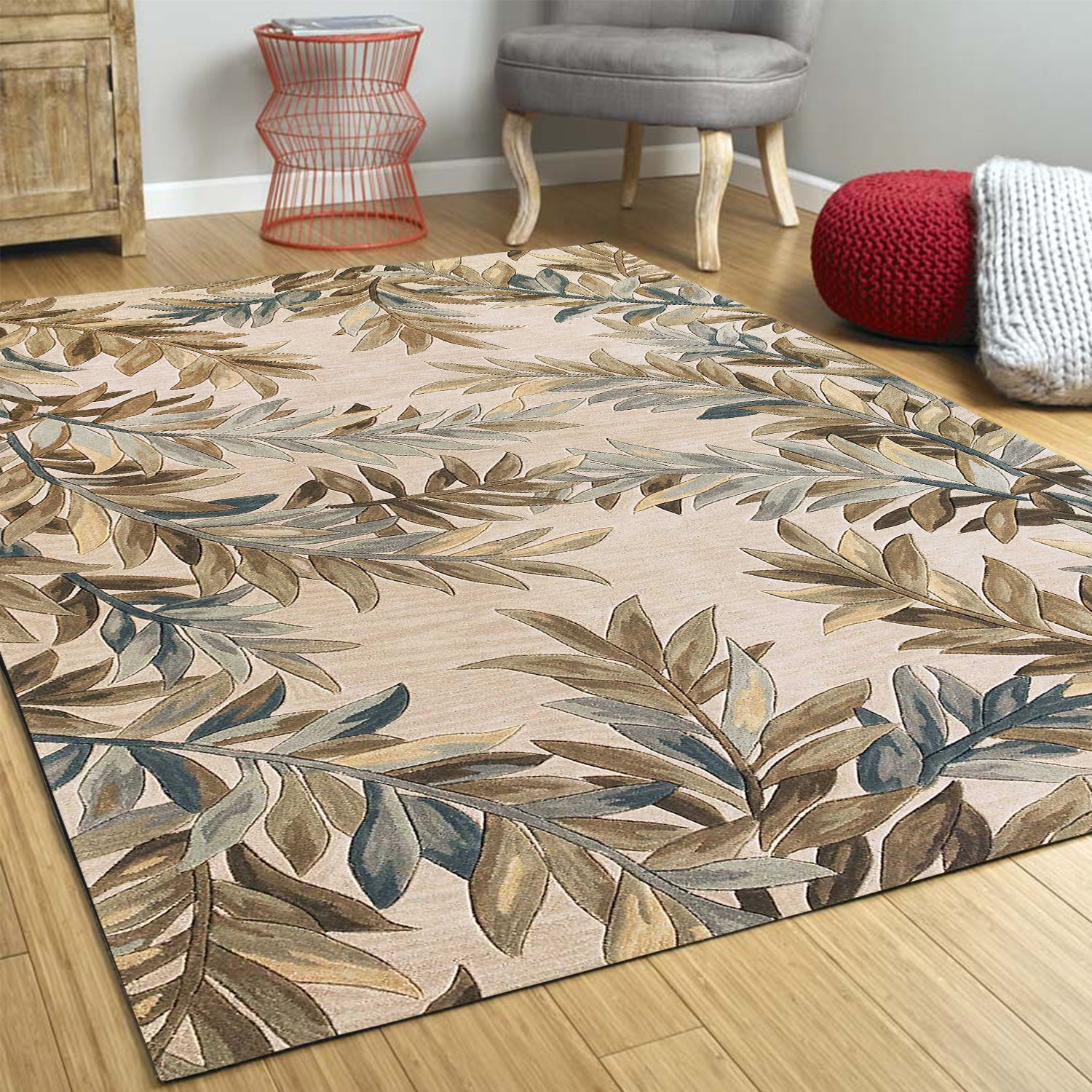 Exquisite Hand - Tufted Wool Area Rug in Elegant Ivory with Modern Tropical Branches and Floral Design