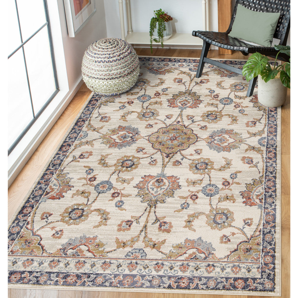 Stain-Resistant Elegant Floral Power Loom Area Rug in Ivory, Navy, Blue & Brown Design Ideal for Homes with Kids and Pets