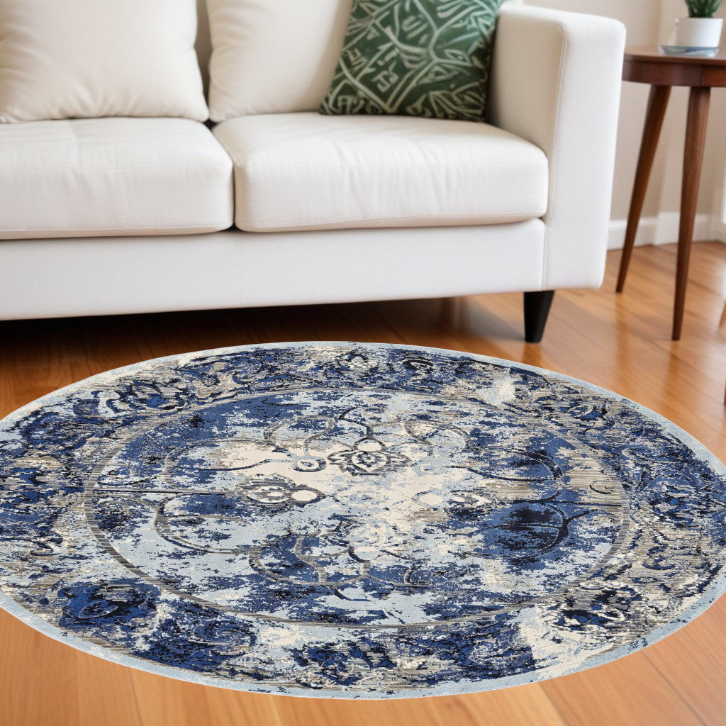 Stain-Resistant Blue, Ivory & Gray Elegant Floral Distressed Area Rug for Family Homes