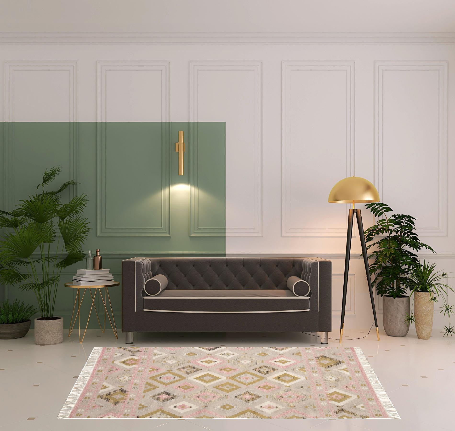 Stylish Geometric Handmade Pink, Gold and Taupe Wool Flatweave Area Rug with Fringe for Decorating Interiors