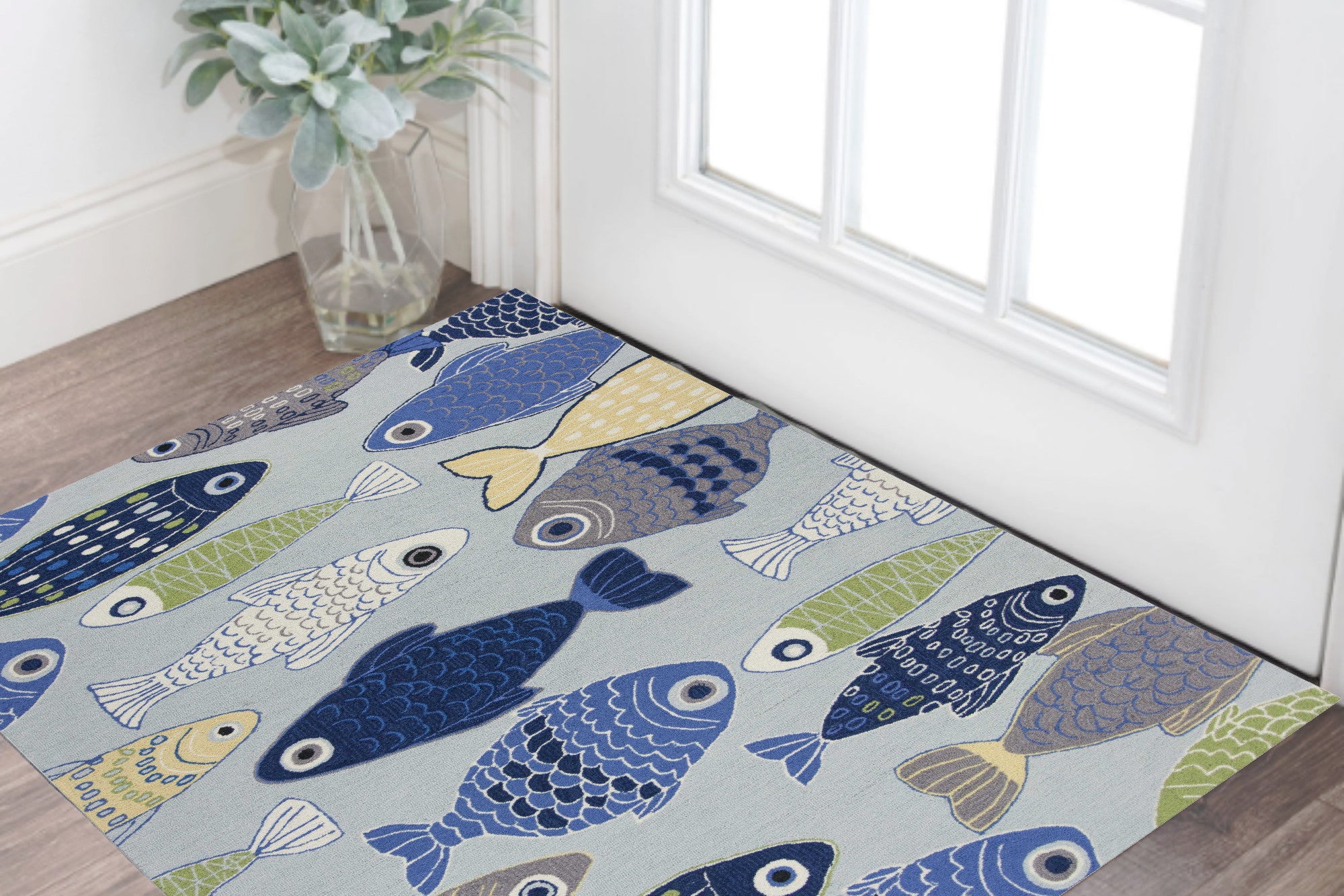 Stunning Hand-Hooked Light Blue Fish Sea Area Rug for Modern Home Decor