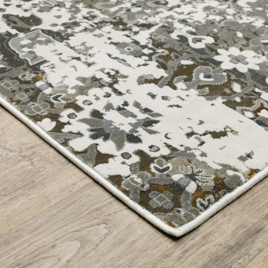 Stain-Resistant, Power Loomed Elegant Oriental Style Runner Rug in Ivory, Grey, Charcoal, Rust, Gold, and Brown Shades