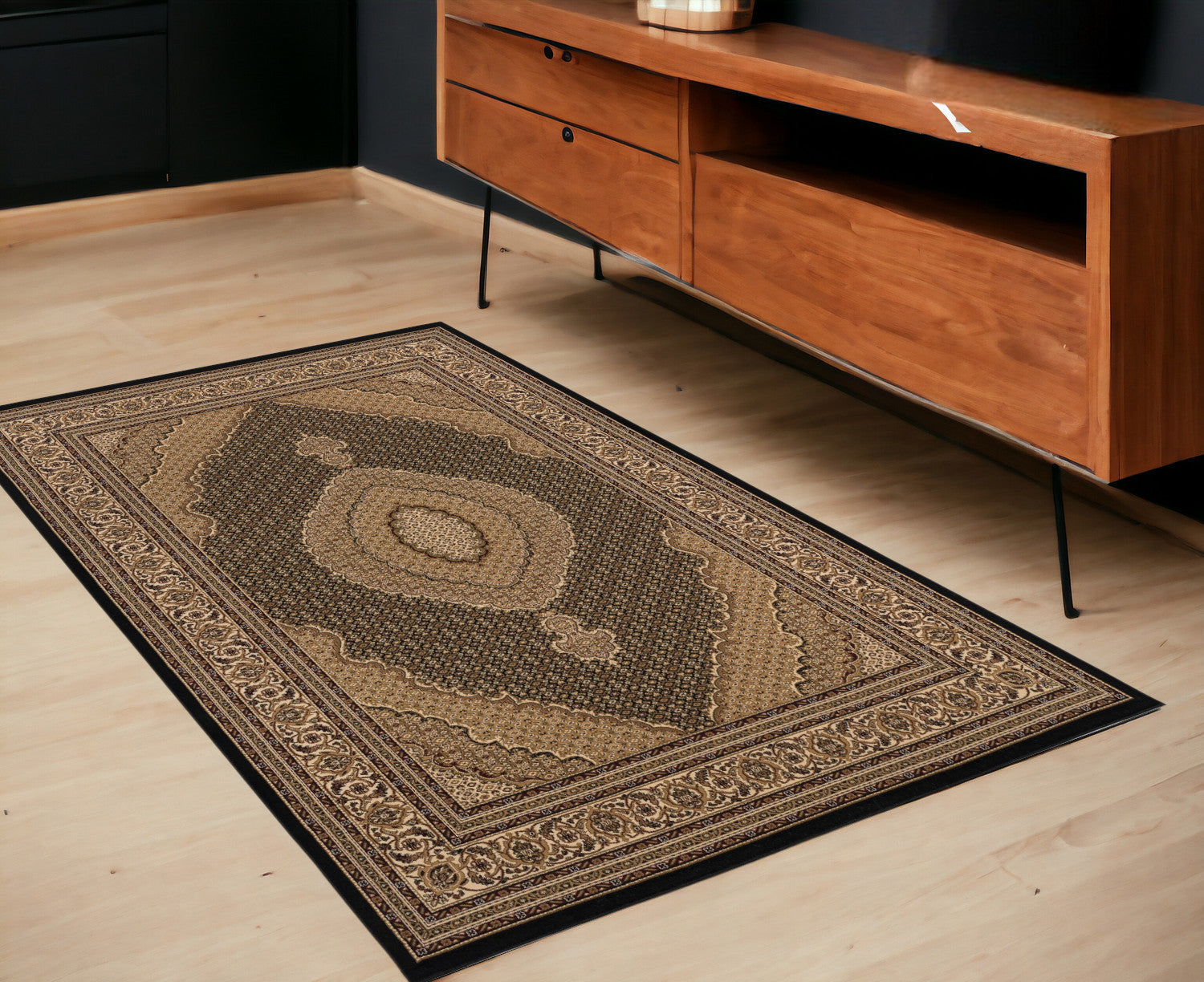 Stylish Power Loom Runner Rug with Elegant Beige and Black Medallion Design for Sophisticated and Refined Spaces