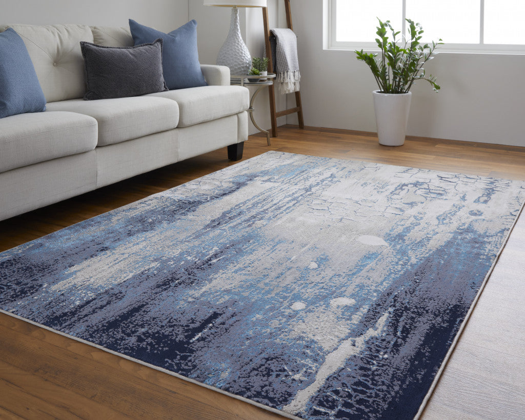 Non-Skid Elegant Ivory and Blue Abstract Distressed Area Rug for Cozy Spaces