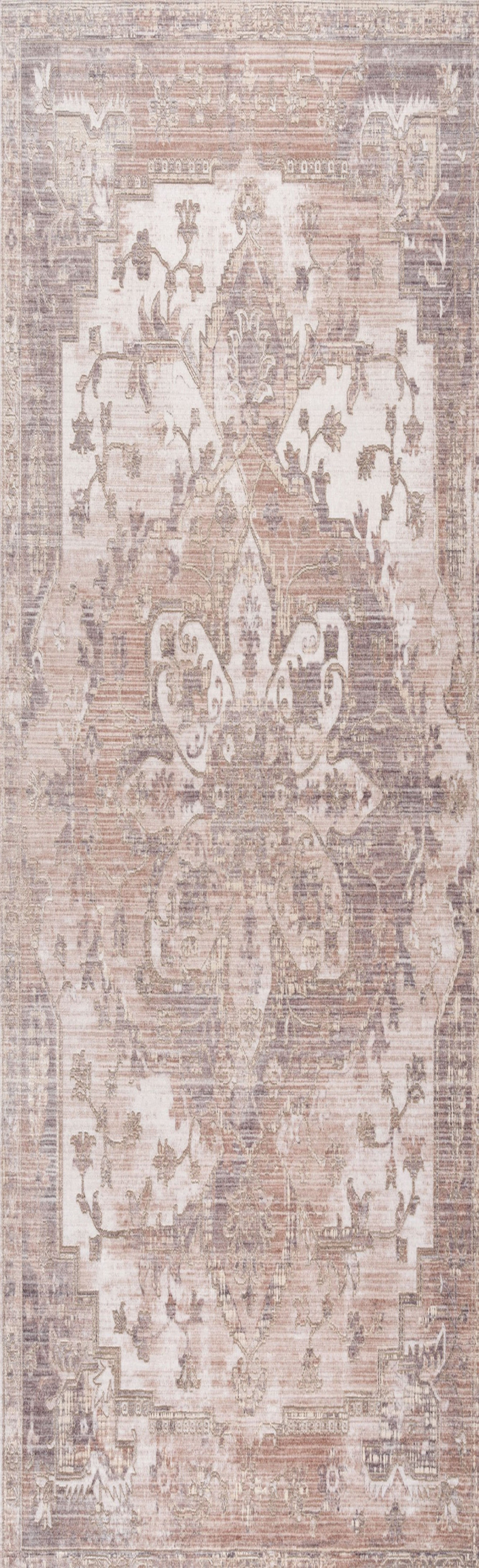 Stylish Power Loom Beige and Ivory Medallion Runner Rug for Home Decor