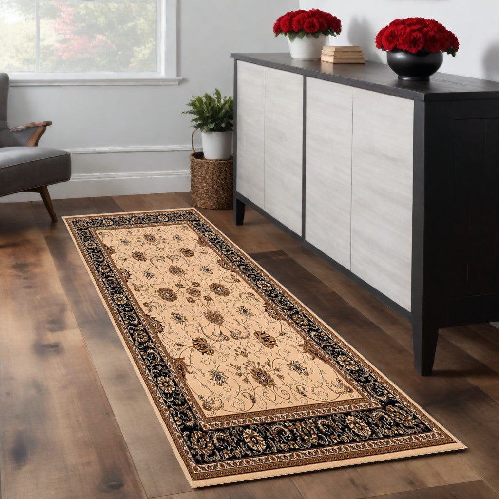 Stylish Black and Ivory Oriental Power Loom Runner Rug for Every Space