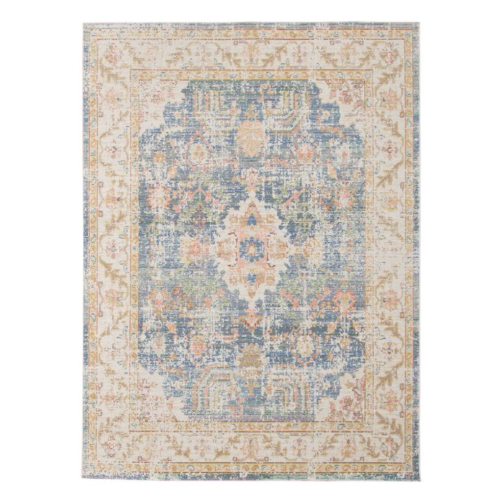 Stylish Blue, Gold, and Orange Floral Power Loom Area Rug for Warm & Inviting Spaces