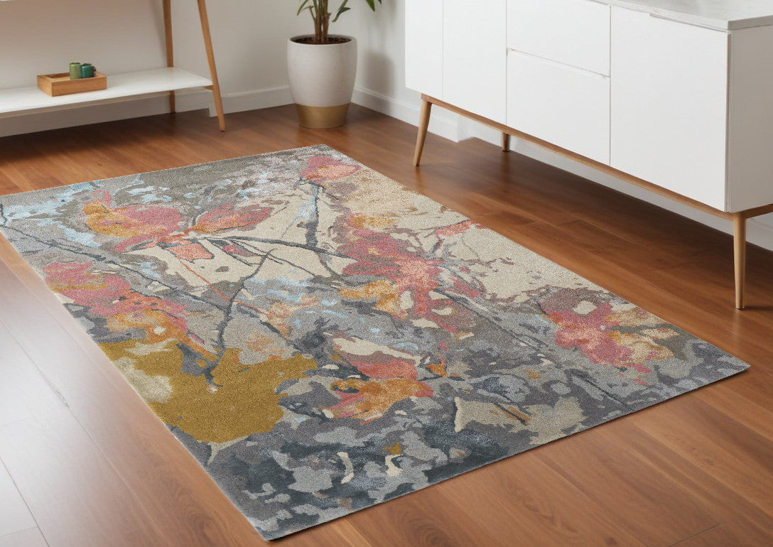 Exquisite Hand-Tufted Ivory and Blue Floral Area Rug for Warm Living Spaces