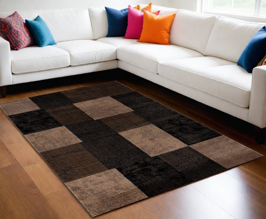 Stylish and Comfortable Elegant Brown Checkered Power Loom Runner Rug for Enhancing Your Home Decor