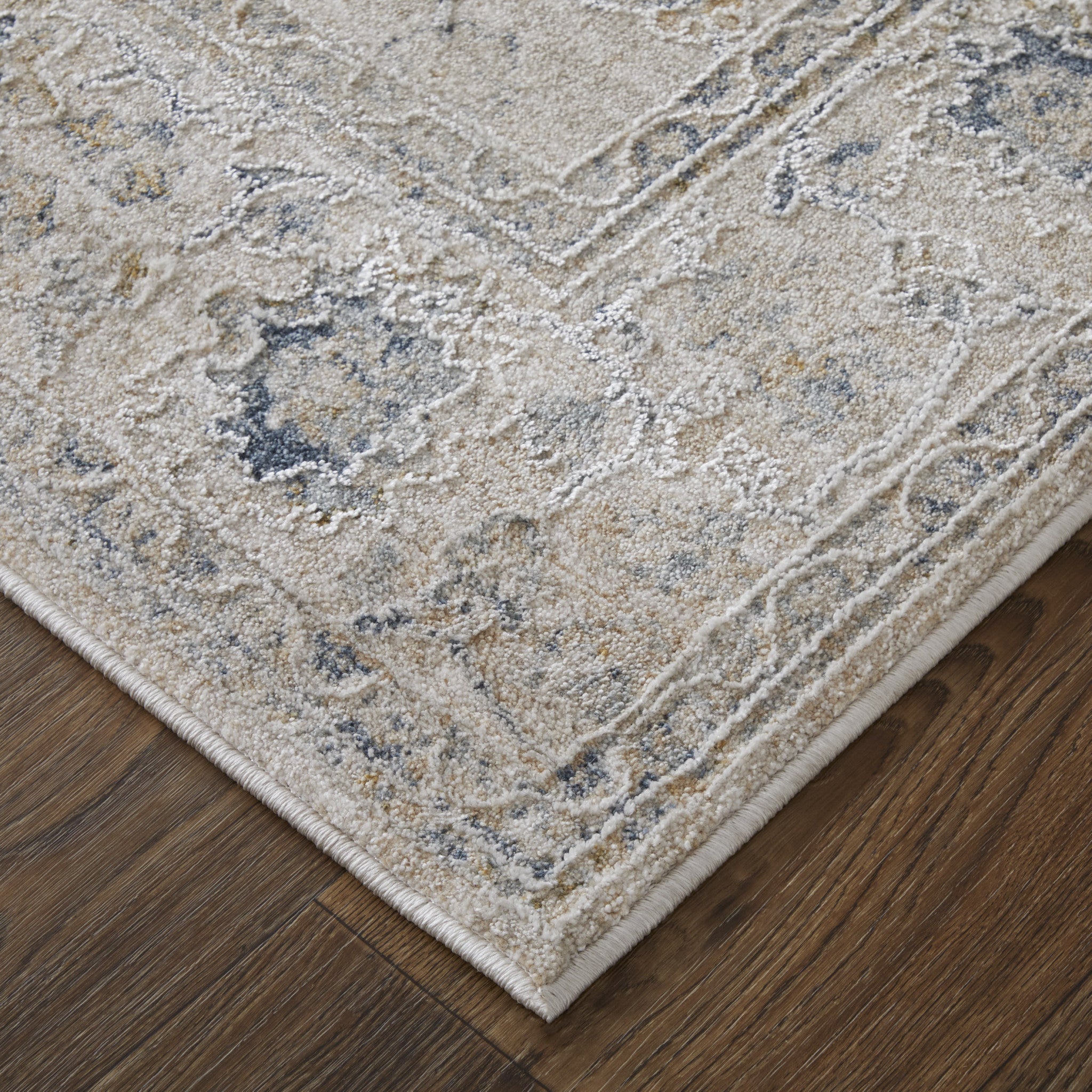 Elegant Blue and Taupe Floral Area Rug - Stain Resistant, Ideal for Spaces with Kids and Pets