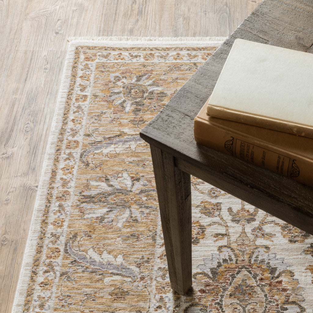 Stain-Resistant, Soft Oriental Runner Rug with Fringe - Timeless Ivory and Blue Design