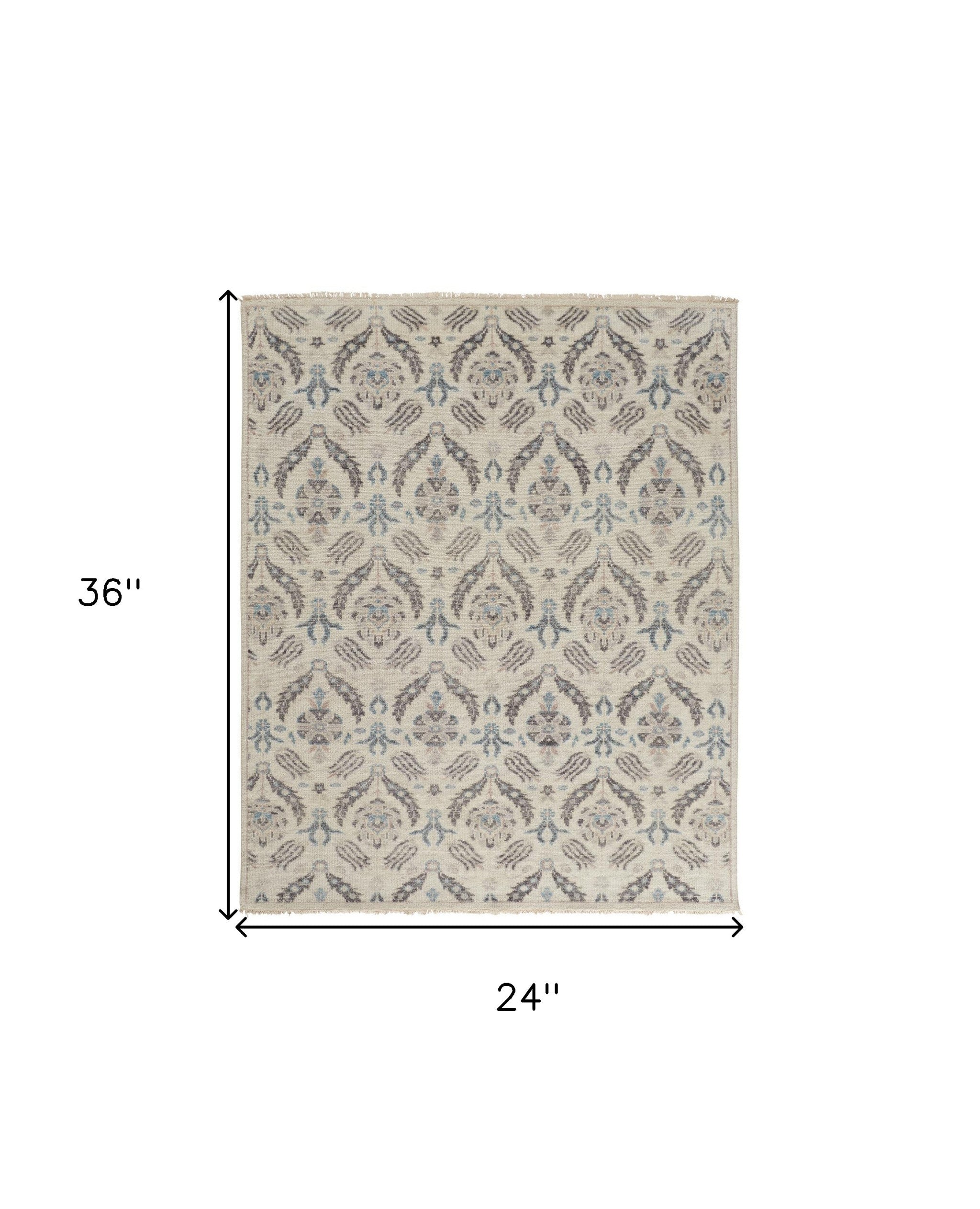 Luxury Stain-Resistant Hand-Knotted Wool Area Rug in Elegant Gray, Ivory & Blue