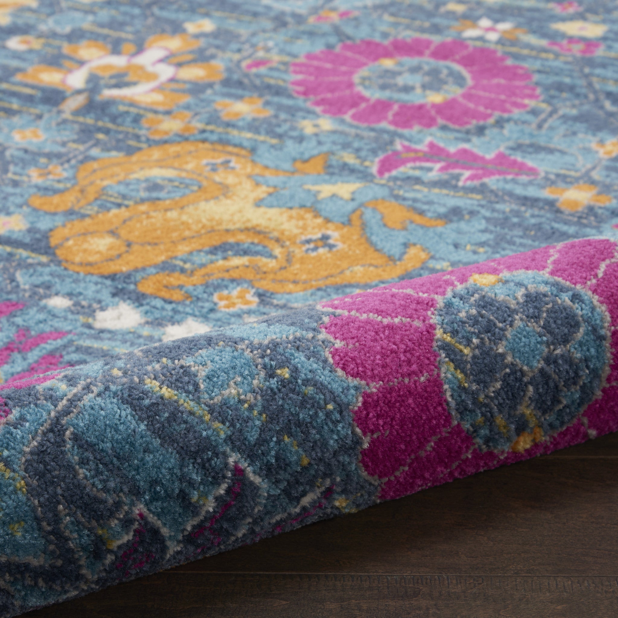 Elegant Floral Design Power Loom Round Area Runner Rug in Stunning Blue and Orange for Cozy Home Decor