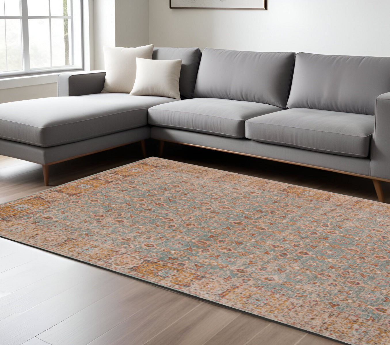 Exquisite Floral Oriental Power Loom Area Rug - Stunning Vibrant Teal, Red & Orange Design, Ideal Stain - Resistant Rug for Homes