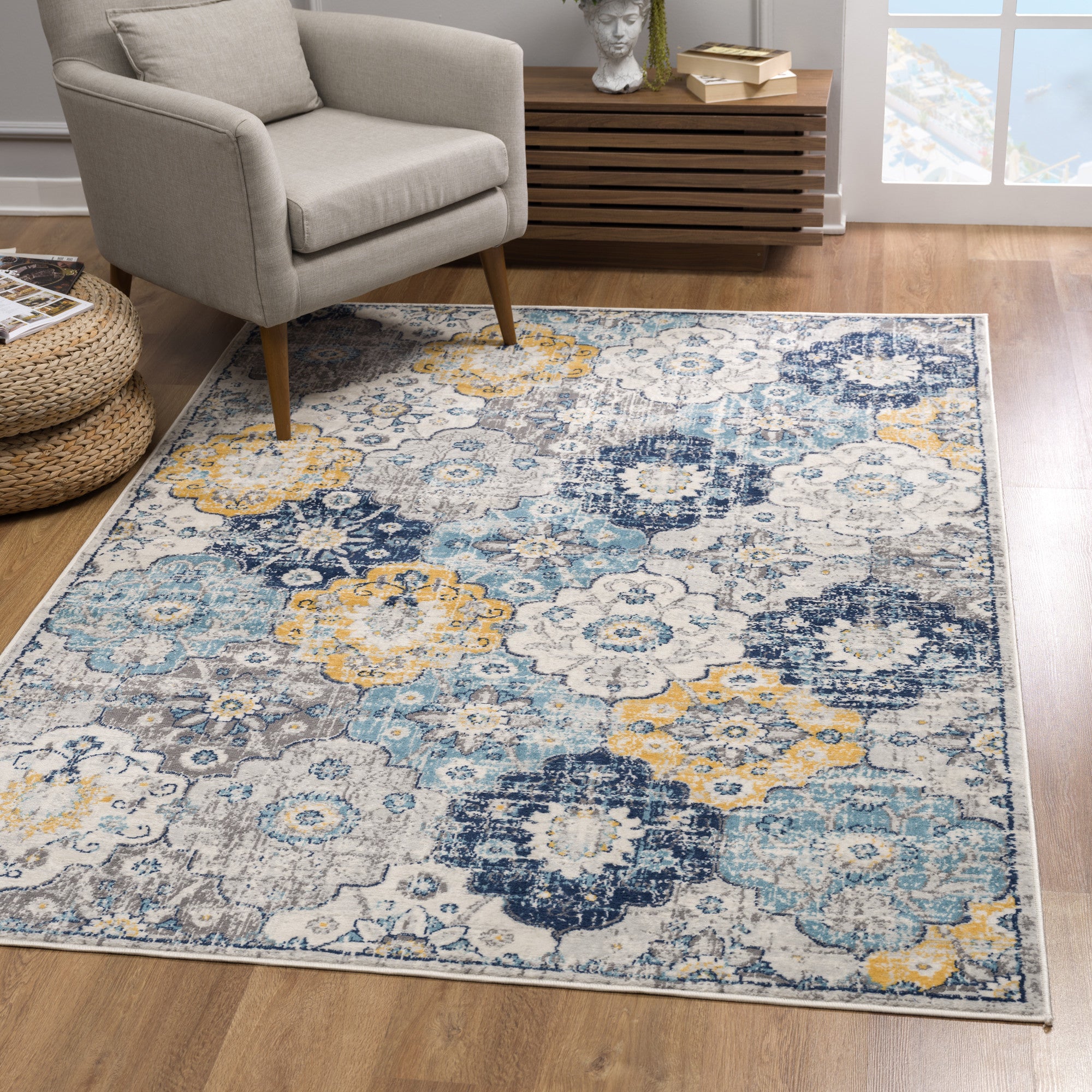 Stylish Blue and Yellow Floral Runner Rug to Gracefully Enliven Your Living Area