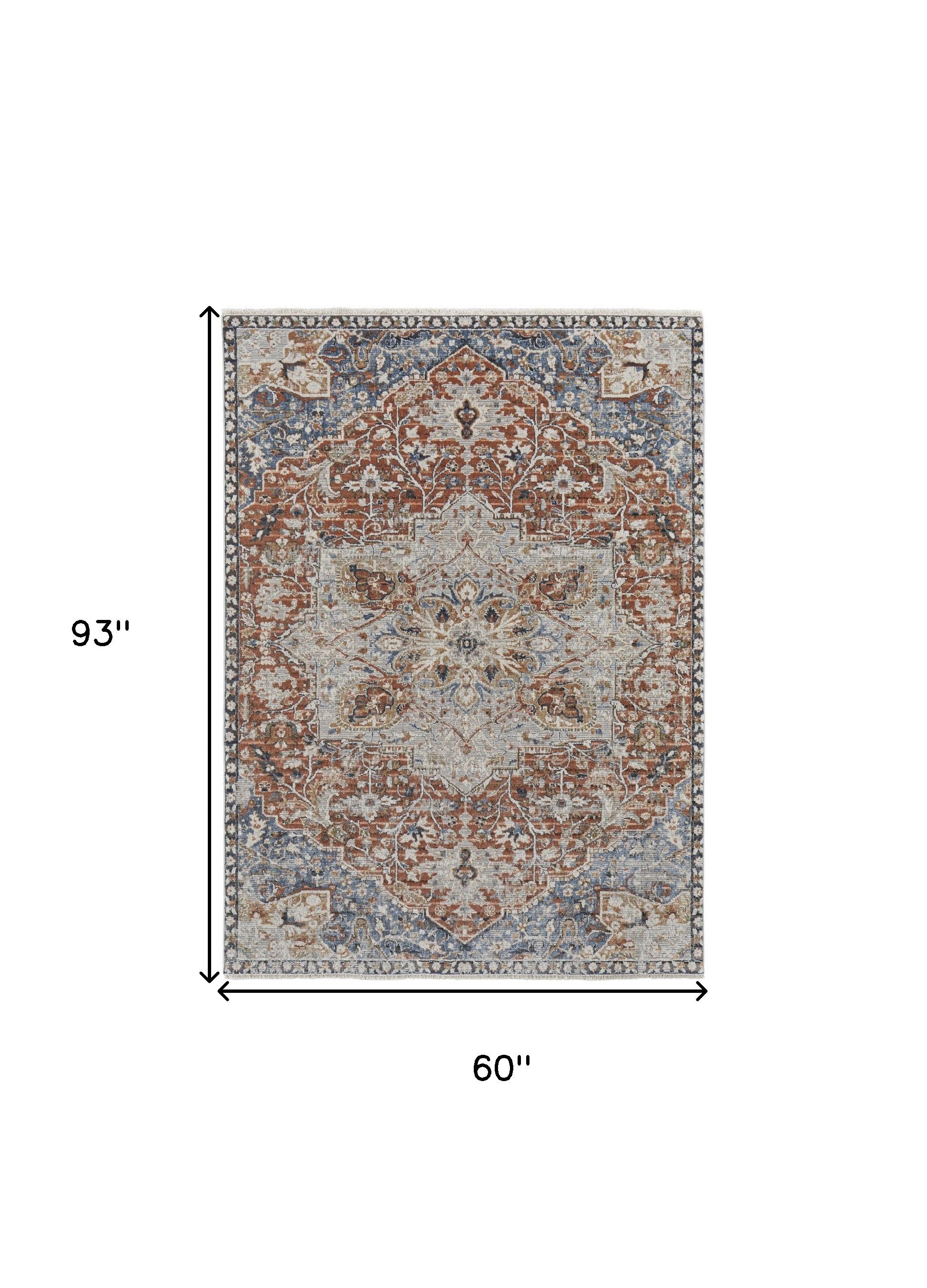 Stylish Orange, Ivory & Blue Floral Power Loom Area Rug with Tassel Ends for Elegant Interiors